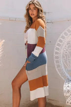 Multicolor Colorblock Open Front Long Knit Cardigan - Fashionfitz