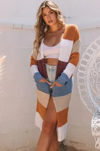 Multicolor Colorblock Open Front Long Knit Cardigan - Fashionfitz