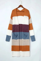 Multicolor Colorblock Open Front Long Knit Cardigan - Fashionfitz