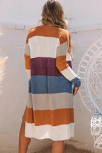 Multicolor Colorblock Open Front Long Knit Cardigan - Fashionfitz