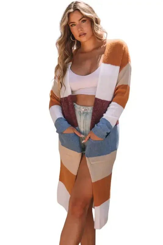 Multicolor Colorblock Open Front Long Knit Cardigan - Fashionfitz