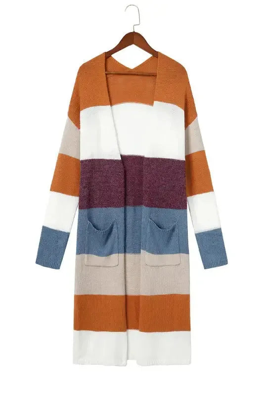 Multicolor Colorblock Open Front Long Knit Cardigan - Fashionfitz
