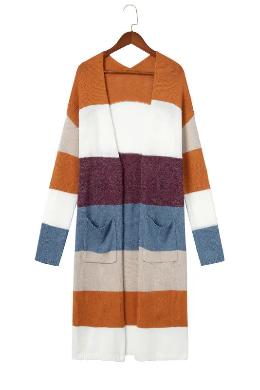 Multicolor colorblock open front long knit cardigan - sweaters & cardigans