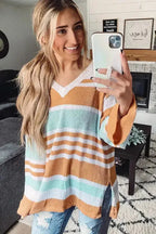 Multicolor Colorblock Stripe Long Sleeve Split Sweater - Fashionfitz