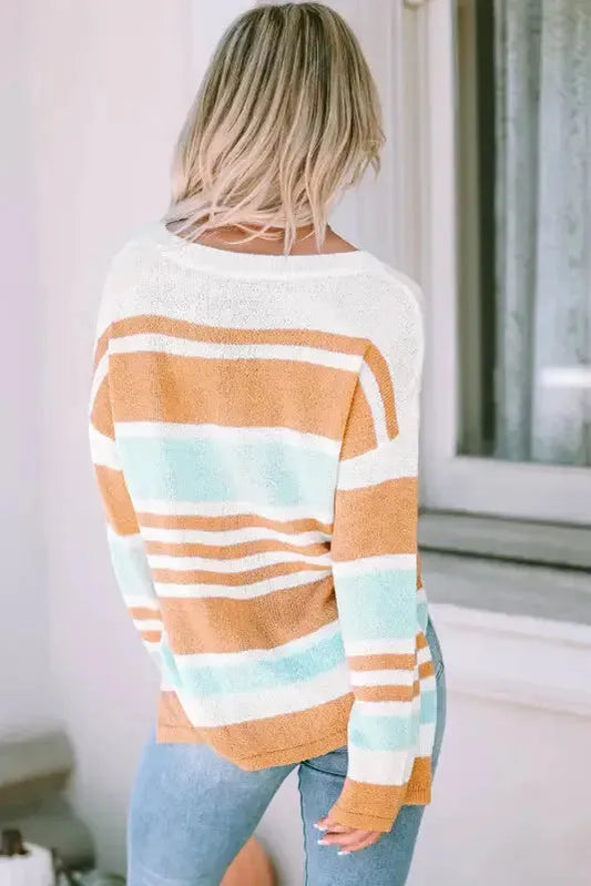 Multicolor Colorblock Stripe Long Sleeve Split Sweater - Fashionfitz