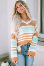Multicolor Colorblock Stripe Long Sleeve Split Sweater - Fashionfitz