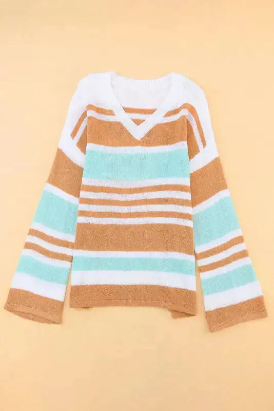 Multicolor Colorblock Stripe Long Sleeve Split Sweater - Fashionfitz