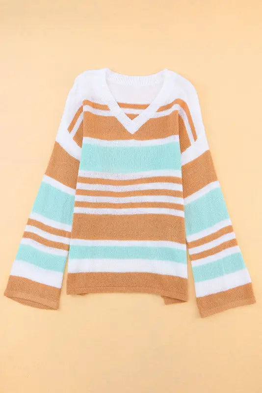 Multicolor colorblock stripe long sleeve split sweater - sweaters & cardigans