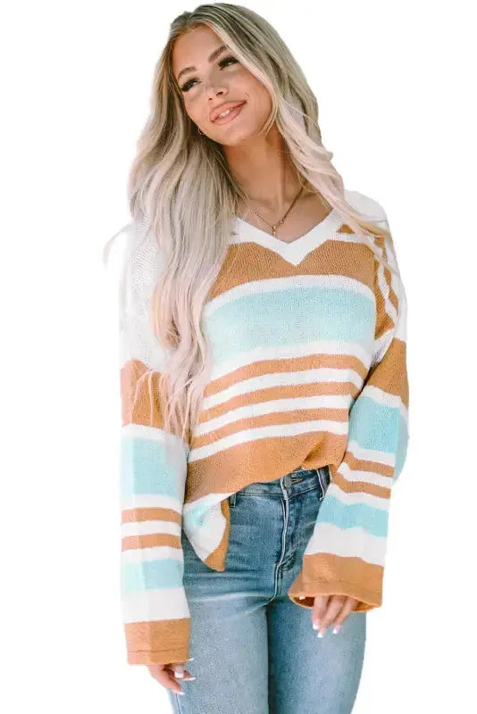 Multicolor Colorblock Stripe Long Sleeve Split Sweater - Fashionfitz