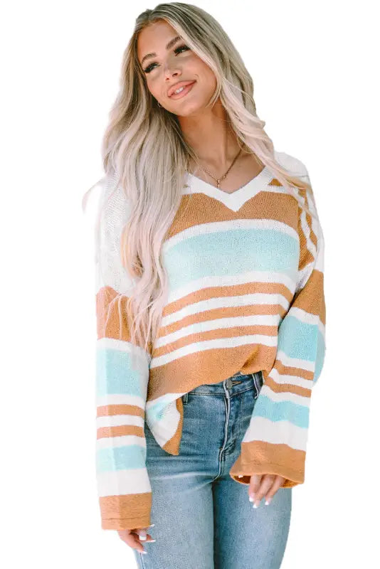 Multicolor colorblock stripe long sleeve split sweater - sweaters & cardigans