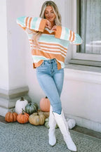 Multicolor Colorblock Stripe Long Sleeve Split Sweater - Fashionfitz