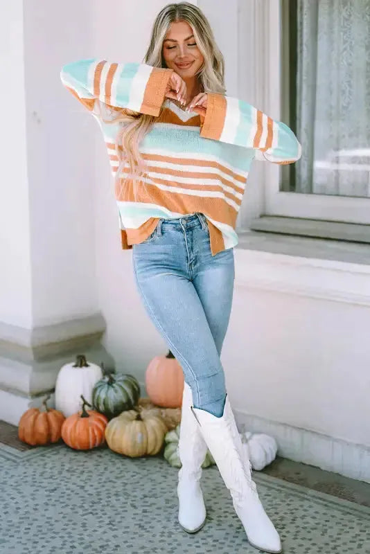 Multicolor Colorblock Stripe Long Sleeve Split Sweater - Fashionfitz