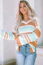 Multicolor Colorblock Stripe Long Sleeve Split Sweater - Fashionfitz