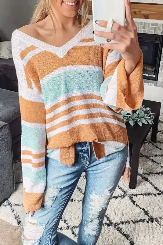 Multicolor Colorblock Stripe Long Sleeve Split Sweater - Fashionfitz