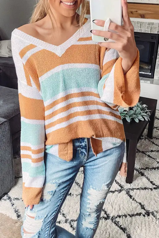 Multicolor colorblock stripe long sleeve split sweater - sweaters & cardigans