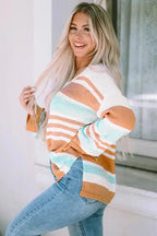 Multicolor Colorblock Stripe Long Sleeve Split Sweater - Fashionfitz