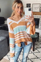 Multicolor Colorblock Stripe Long Sleeve Split Sweater - Fashionfitz
