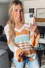 Multicolor Colorblock Stripe Long Sleeve Split Sweater - Fashionfitz