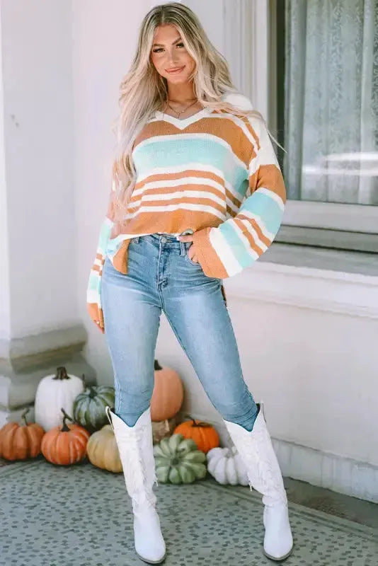 Multicolor Colorblock Stripe Long Sleeve Split Sweater - Fashionfitz