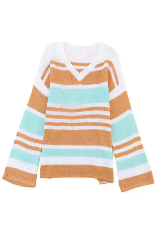 Multicolor Colorblock Stripe Long Sleeve Split Sweater - Fashionfitz