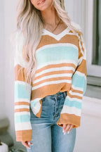 Multicolor Colorblock Stripe Long Sleeve Split Sweater - Fashionfitz