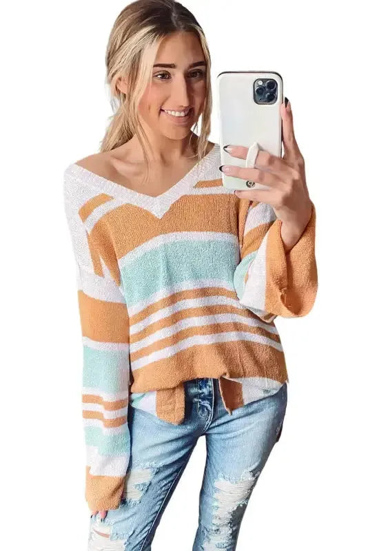 Multicolor Colorblock Stripe Long Sleeve Split Sweater - Fashionfitz