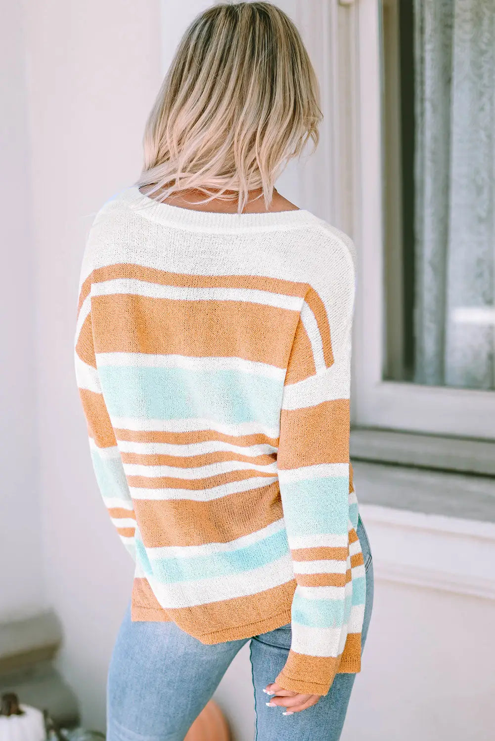 Multicolor colorblock stripe long sleeve split sweater -