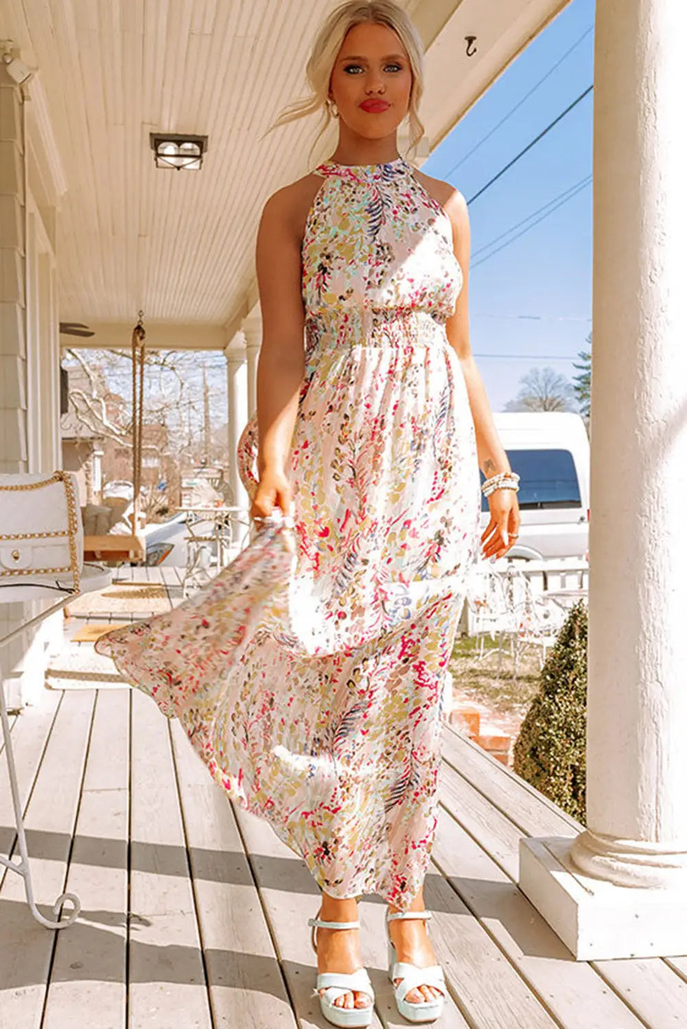 Multicolor crisscross backless long floral dress - dresses