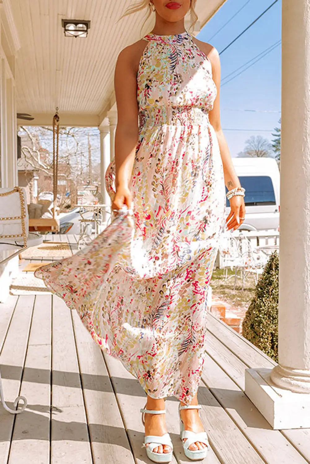 Multicolor crisscross backless long floral dress - s / 100% polyester - dresses