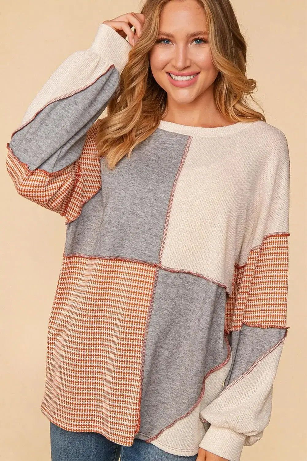 Multicolor exposed seam colorblock oversized knit top - long sleeve tops