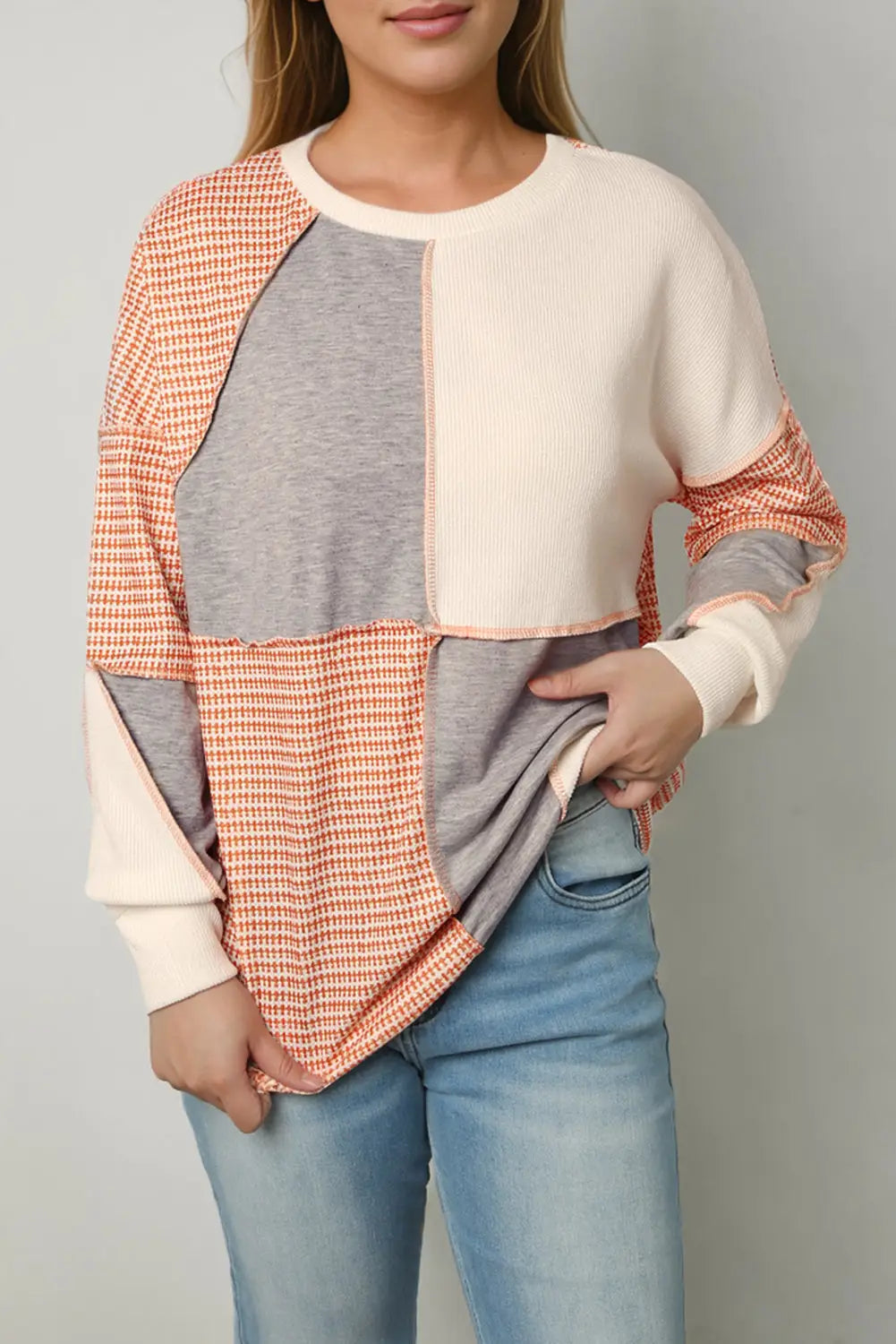 Multicolor exposed seam colorblock oversized knit top - long sleeve tops