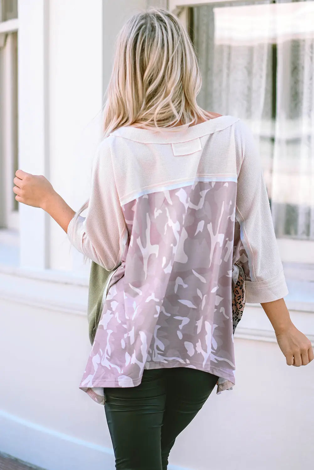Multicolor exposed seam patchwork oversized top - long sleeve tops