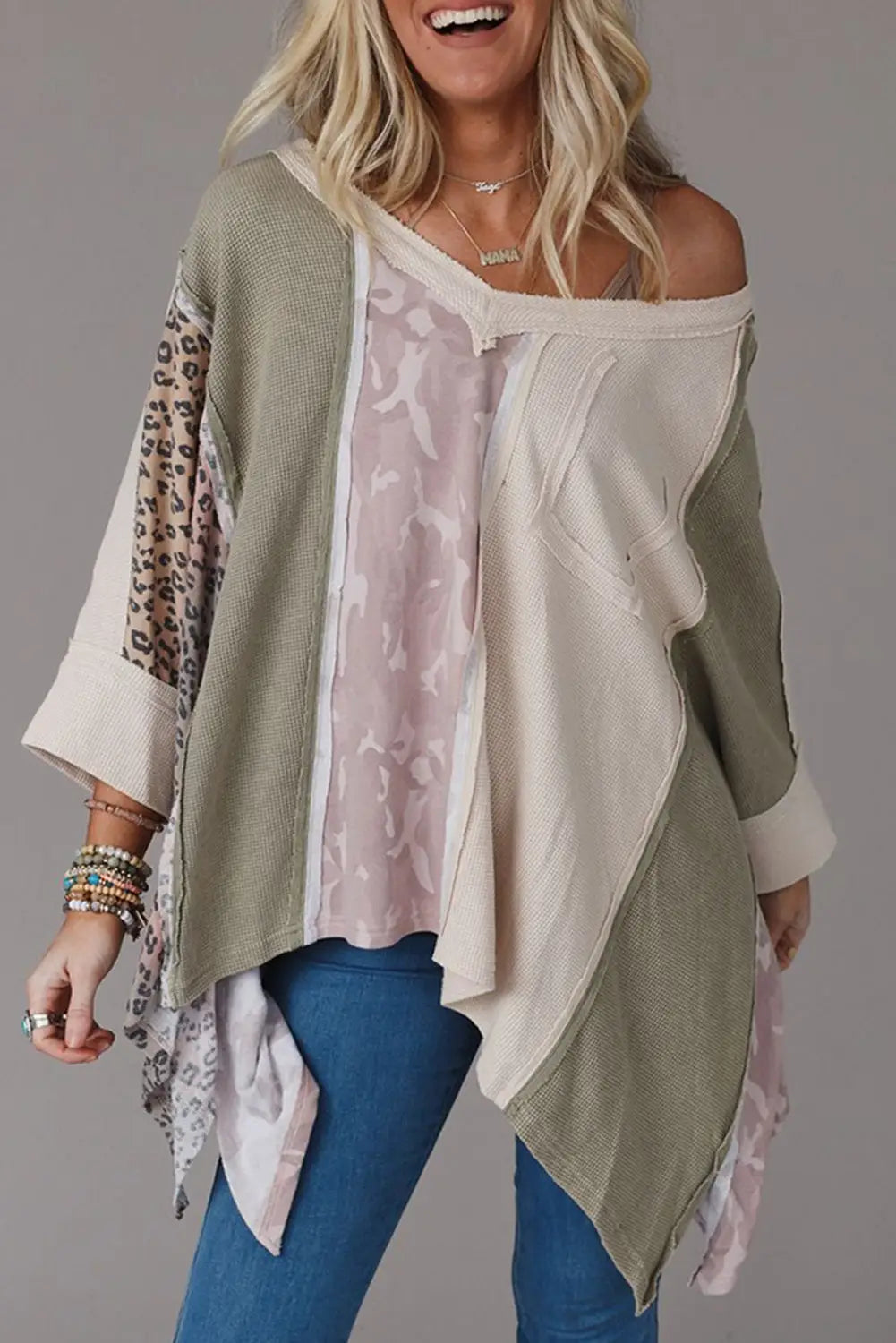 Multicolor exposed seam patchwork oversized top - long sleeve tops