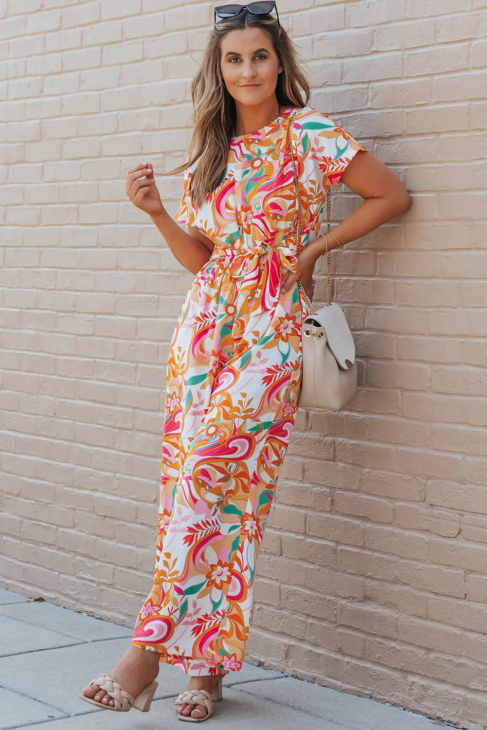 Multicolor floral abstract print belted keyhole back jumpsuit - jumpsuits & rompers
