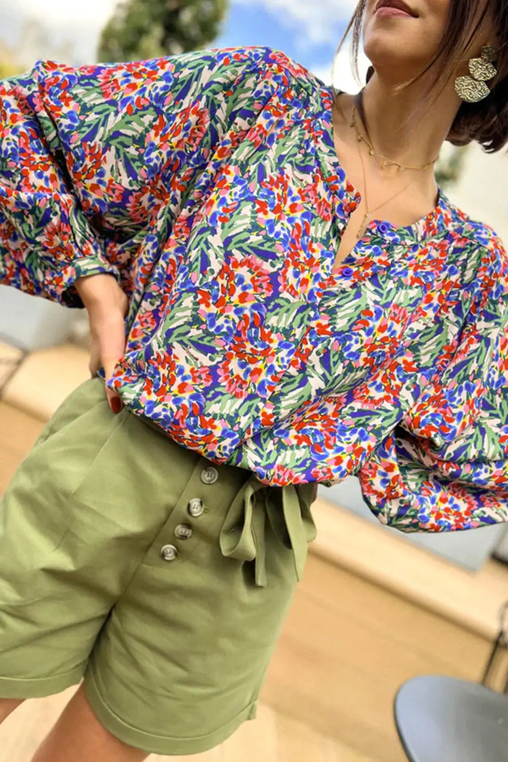 Multicolor floral balloon sleeve loose blouse - l / 100% polyester - blouses & shirts
