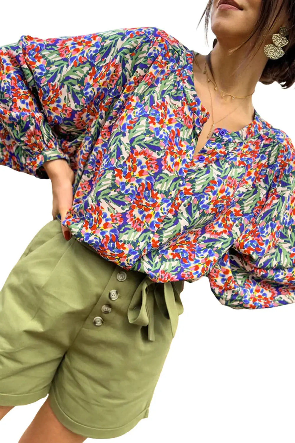Multicolor floral balloon sleeve loose blouse - blouses & shirts