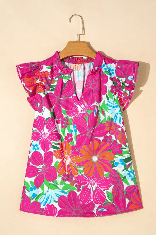 Multicolor floral blouse - flutter sleeve notched v neck