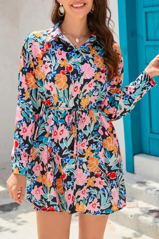 Multicolor floral buttoned collared long sleeve mini dress - xl / 100% polyester - dresses