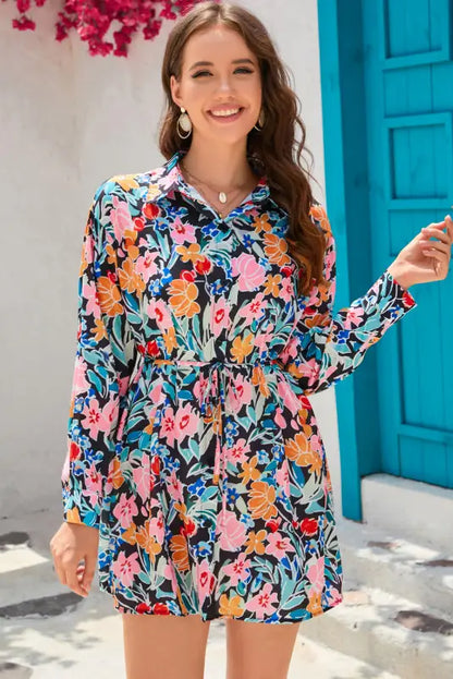 Multicolor floral buttoned collared long sleeve mini dress - xl / 100% polyester - dresses