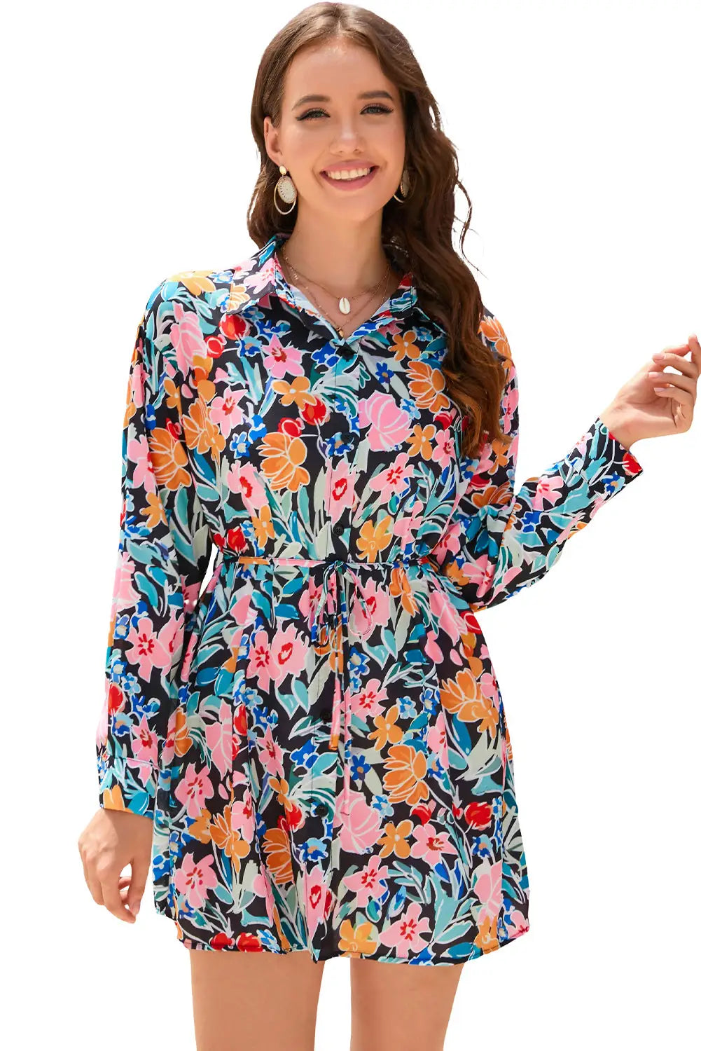 Multicolor floral buttoned collared long sleeve mini dress - xl / 100% polyester - dresses