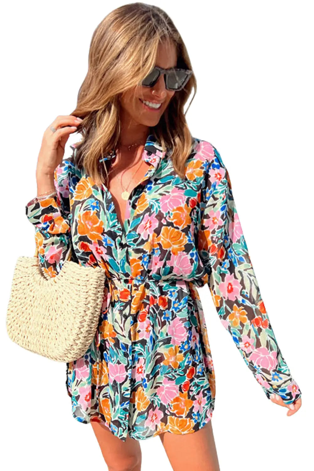 Multicolor floral buttoned collared long sleeve mini dress - xl / 100% polyester - dresses