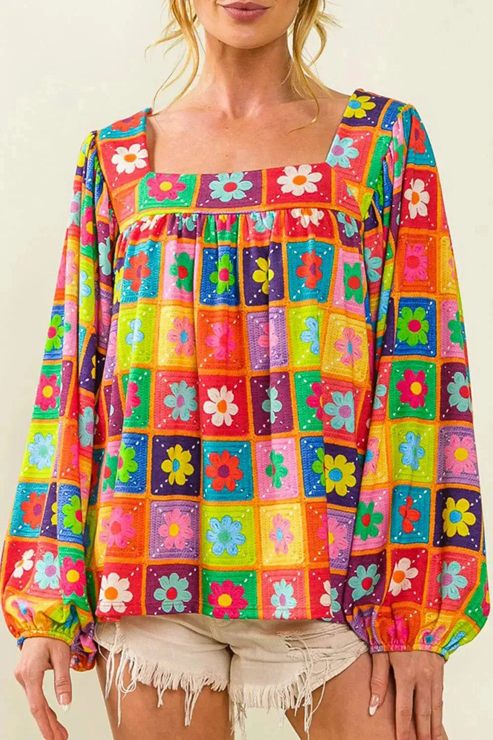 Multicolor Floral Crochet Square Neck Puff Sleeve Blouse - Fashionfitz