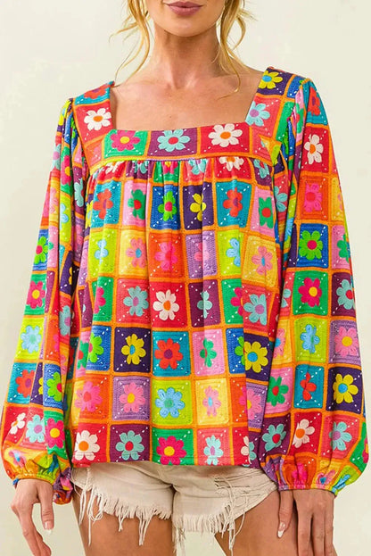 Multicolor Floral Crochet Square Neck Puff Sleeve Blouse - Fashionfitz