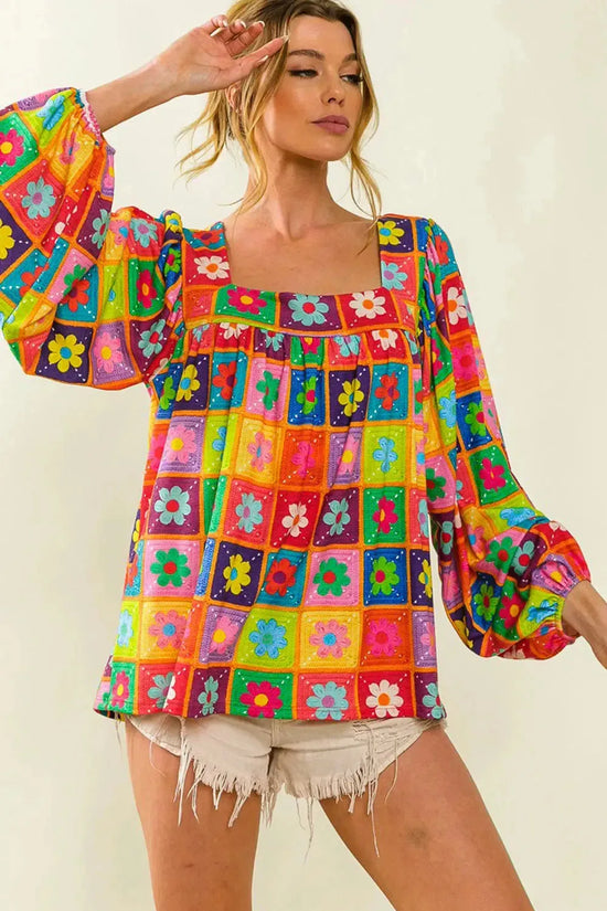 Multicolor Floral Crochet Square Neck Puff Sleeve Blouse - Fashionfitz