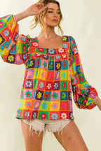 Multicolor Floral Crochet Square Neck Puff Sleeve Blouse - Fashionfitz