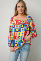 Multicolor Floral Crochet Square Neck Puff Sleeve Blouse - Fashionfitz