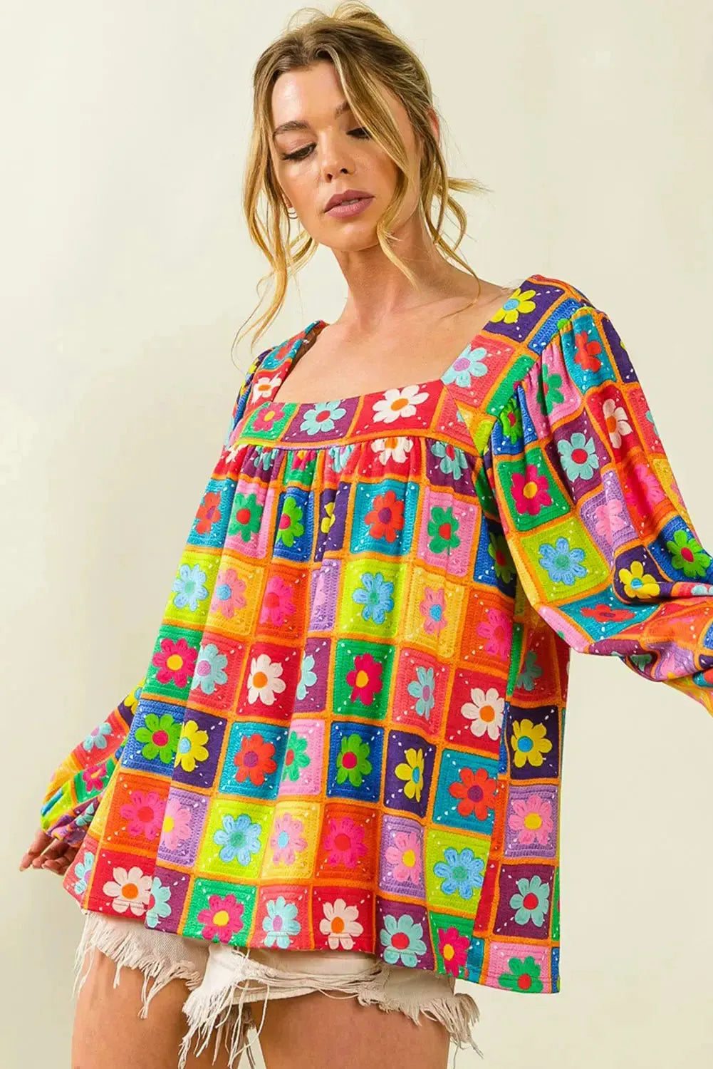 Multicolor Floral Crochet Square Neck Puff Sleeve Blouse - Fashionfitz