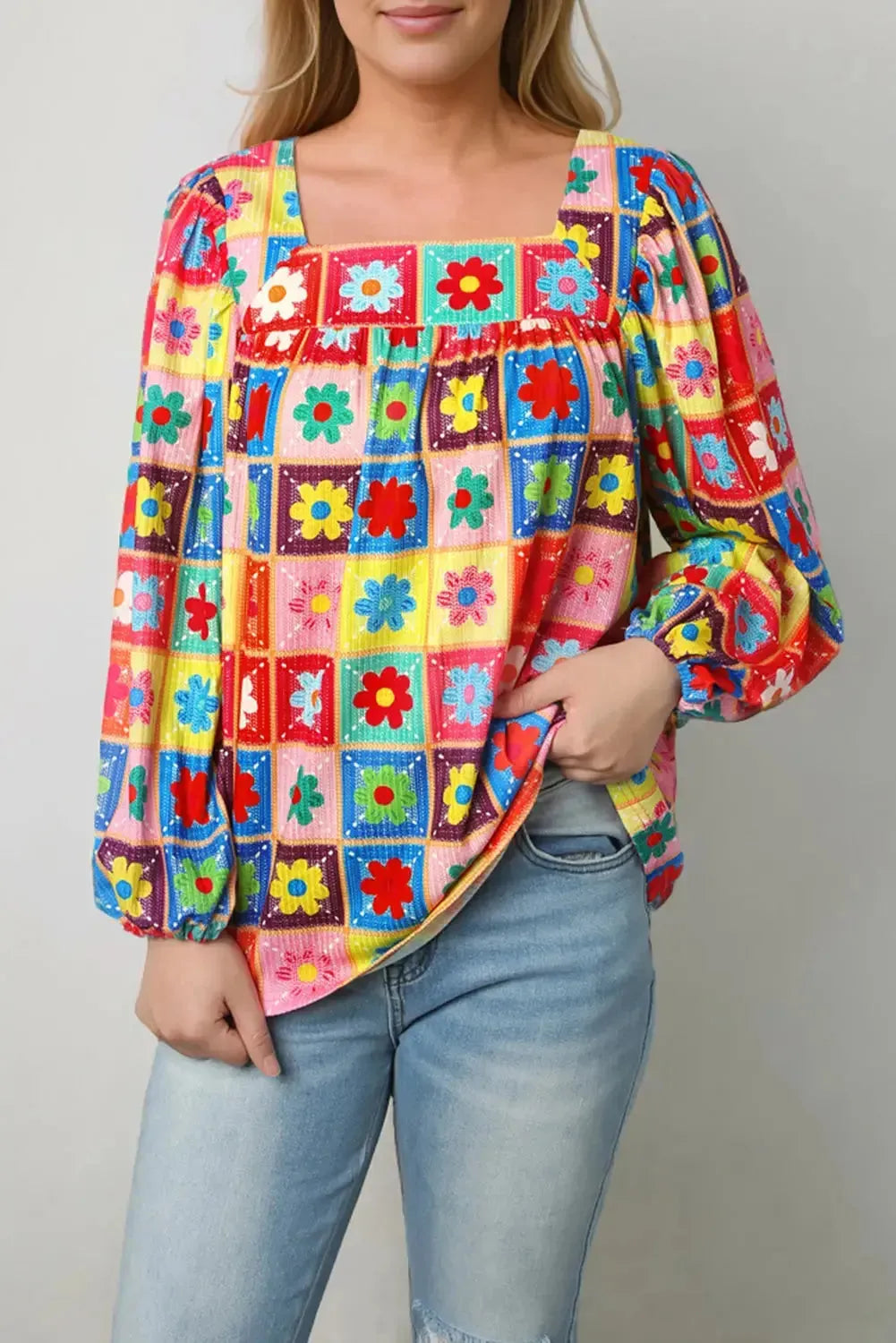 Multicolor Floral Crochet Square Neck Puff Sleeve Blouse - Fashionfitz