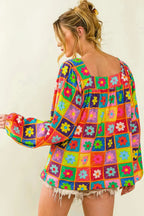 Multicolor Floral Crochet Square Neck Puff Sleeve Blouse - Fashionfitz