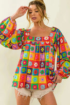 Multicolor Floral Crochet Square Neck Puff Sleeve Blouse - Fashionfitz